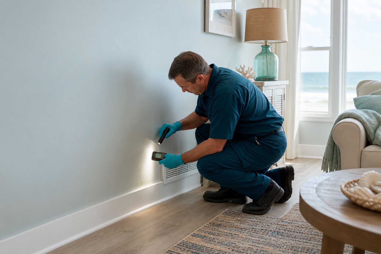 Technician checking moisture near a vent in a coastal condo